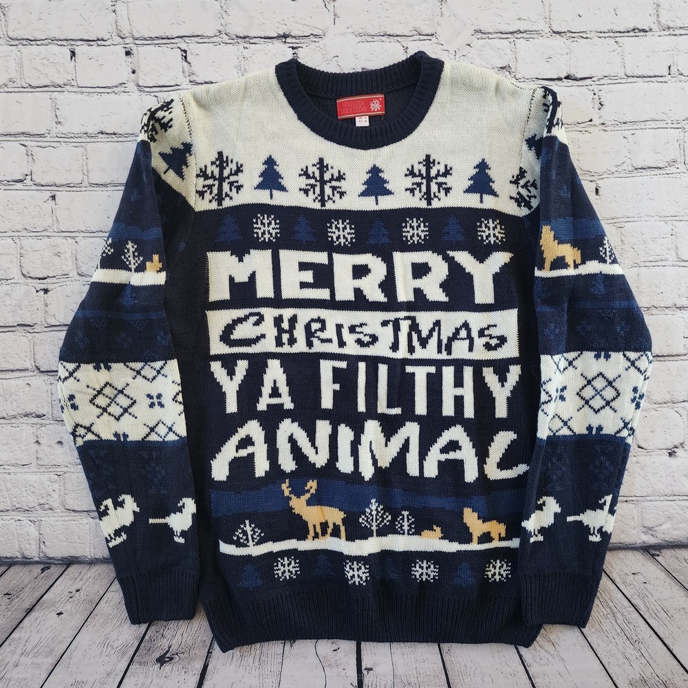 You Look Ugly Today Men's Small Merry Christmas Ya Filthy Animal Sweater Blue